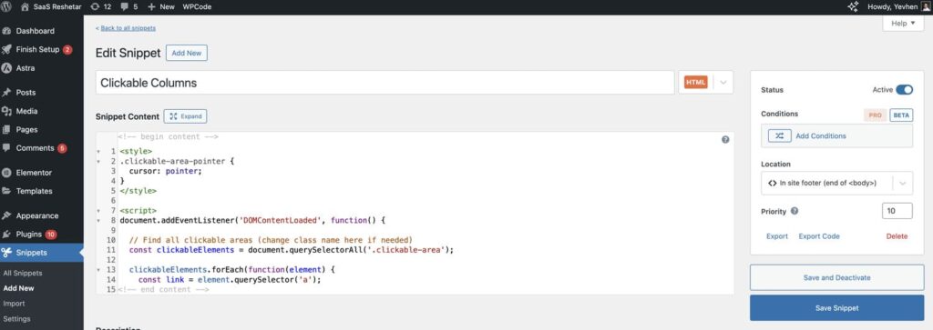 elementor clickable column setup using code snippets plugin