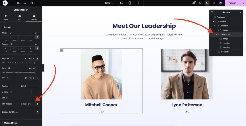 elementor clickable column css class in advanced tab parent element