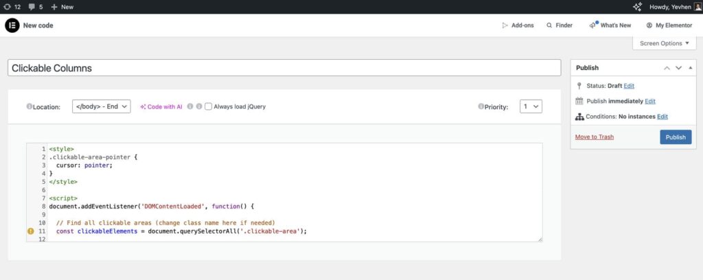 elementor clickable column custom code setup in elementor pro