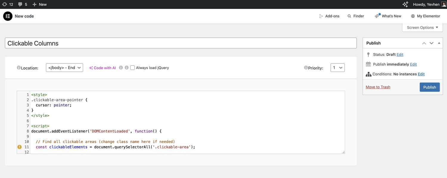 elementor clickable column custom code setup in elementor pro