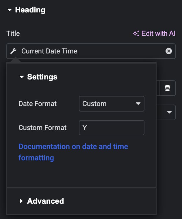 Elementor Current Date Time dynamic tag settings with custom format Y