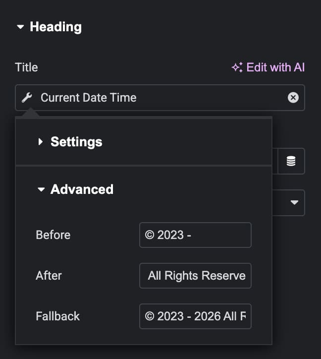 Elementor dynamic tag Advanced settings with Before After and Fallback fields for copyright year