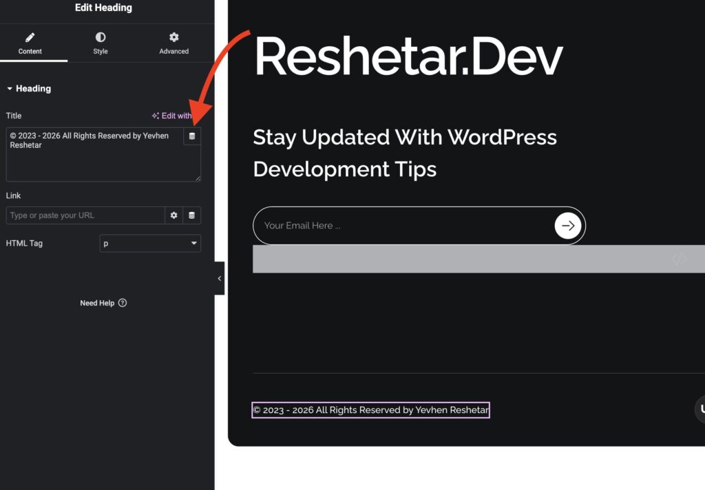 Elementor Heading widget with dynamic tag icon in footer editor
