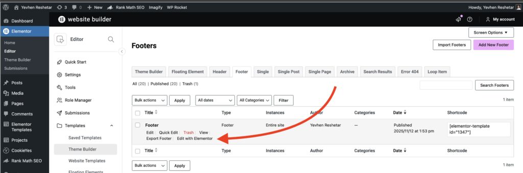 Dynamic copyright year WordPress - Elementor Theme Builder footer template