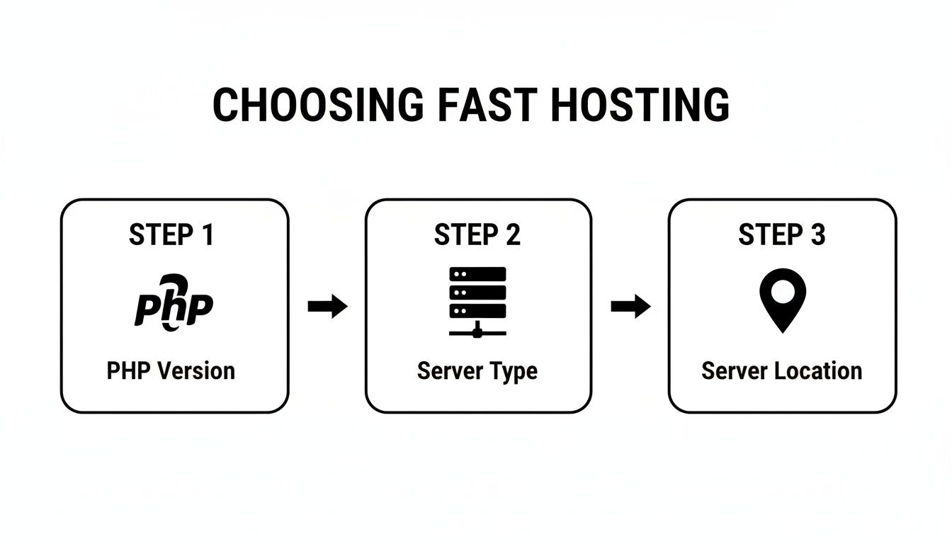 A flowchart illustrating three key steps for choosing fast hosting: PHP version, server type, and server location.