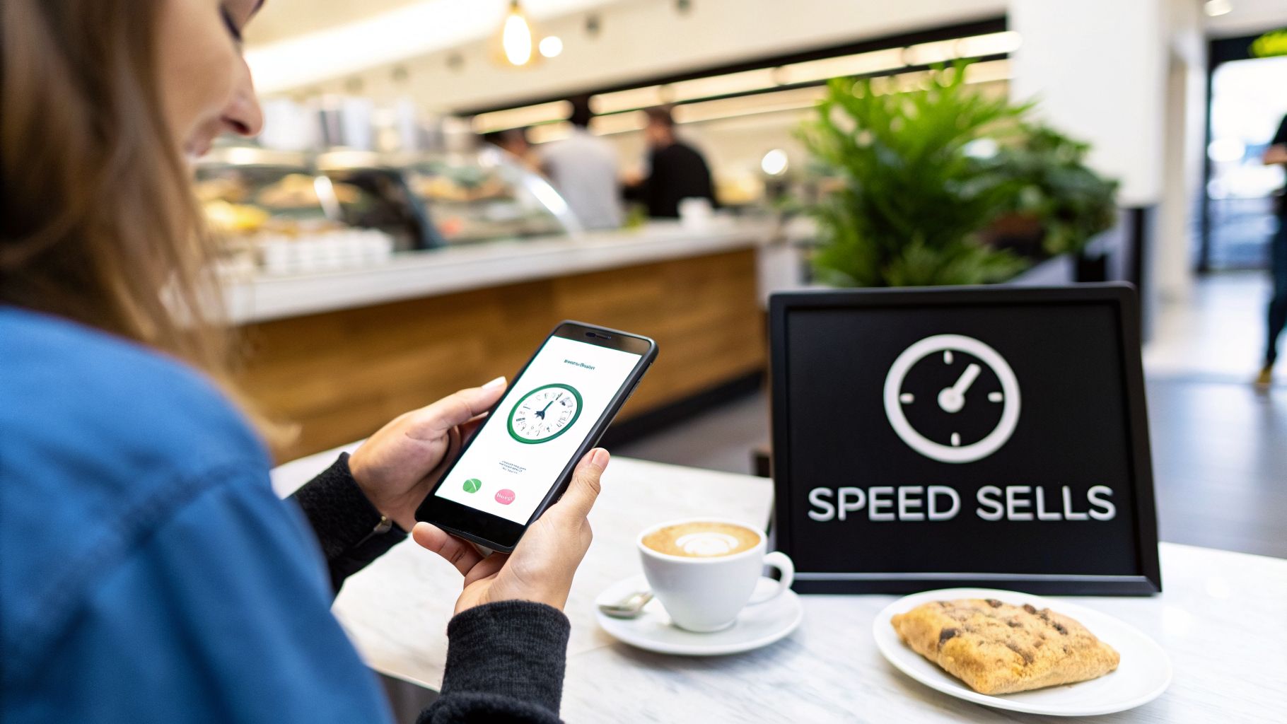 Woman using a smartphone with a clock app in a cafe next to a 'Speed Sells' sign.