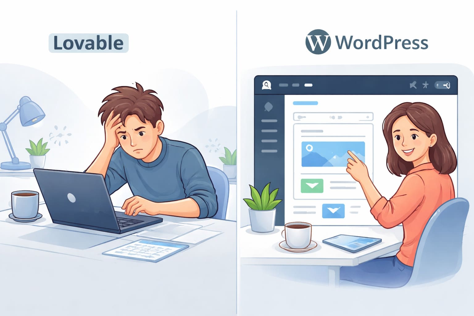 Convert Lovable to WordPress - frustrated developer vs happy WordPress site owner