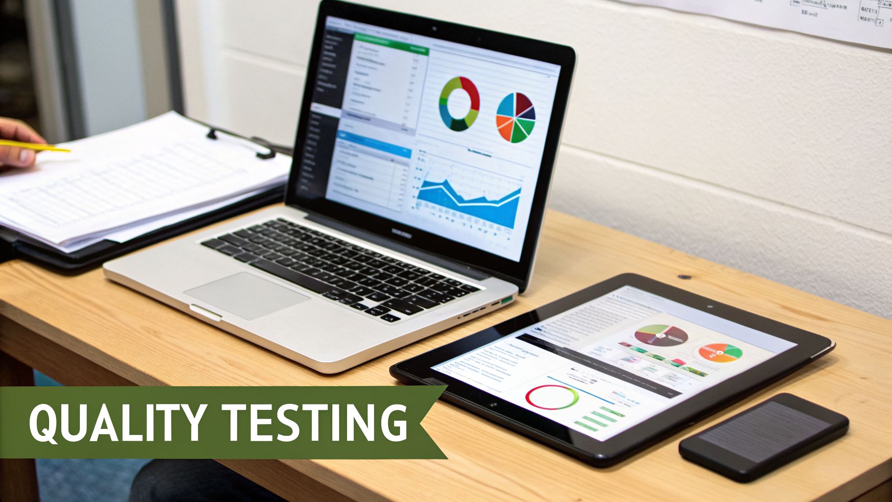 A person performs quality testing using a laptop, tablet, and smartphone displaying data analysis.