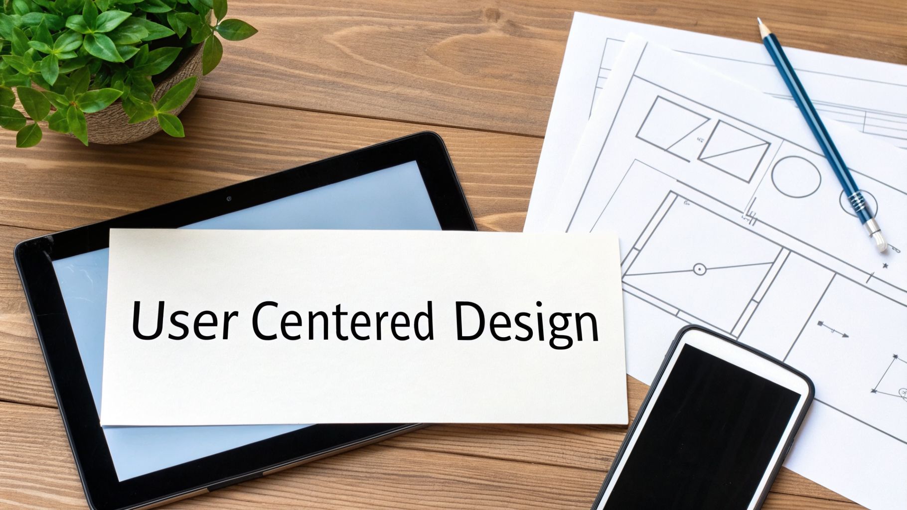 A flat lay image of a design workspace with 'User Centered Design' note, tablet, phone, and blueprints.