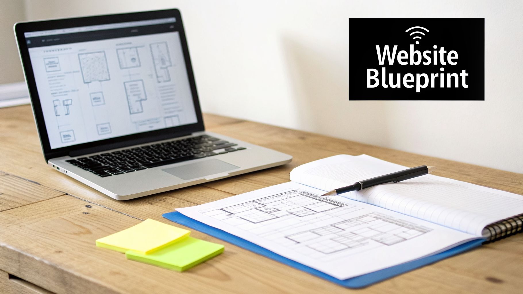 A laptop displaying a blueprint, an open notebook with a pen, and sticky notes on a wooden desk.