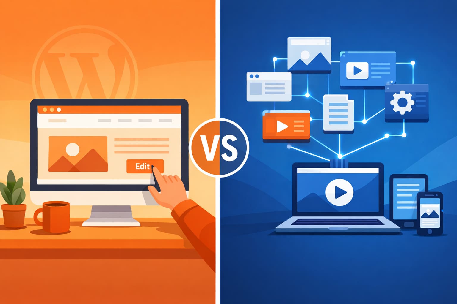 Headless CMS vs WordPress side-by-side comparison illustration showing traditional and decoupled website architecture
