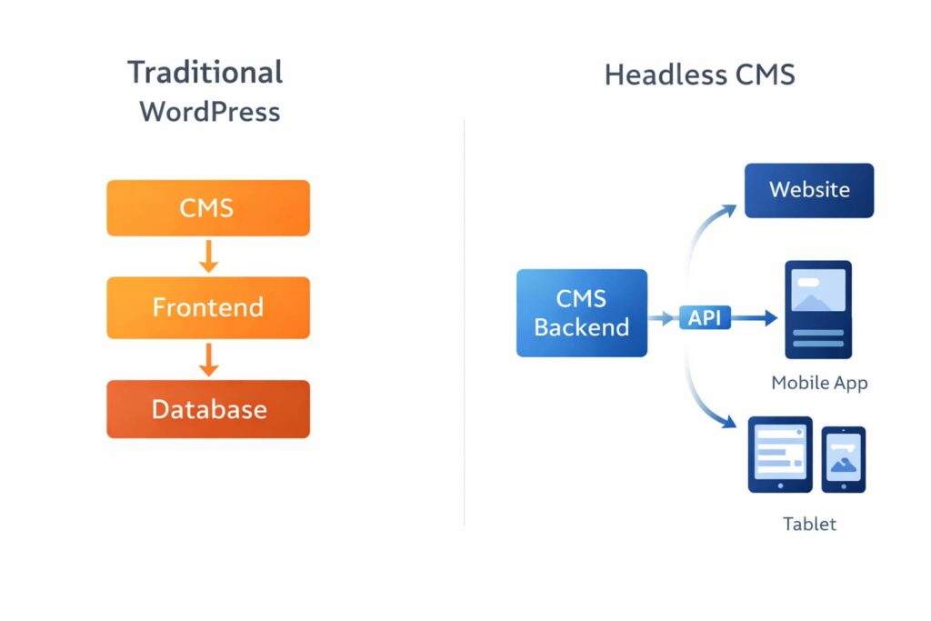 Diagram showing the architecture difference between traditional WordPress (monolithic) and headless CMS (decoupled with API layer)