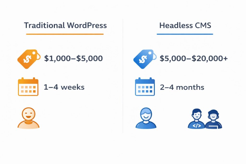 Cost and timeline comparison between traditional WordPress website and headless CMS project for small businesses